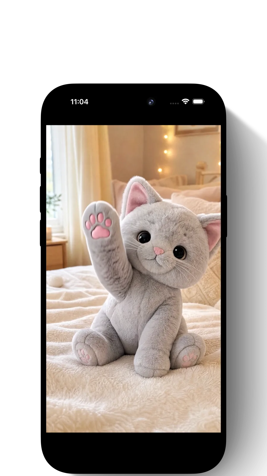 An adorable gray plush kitten waving, brought to life by PlushMation