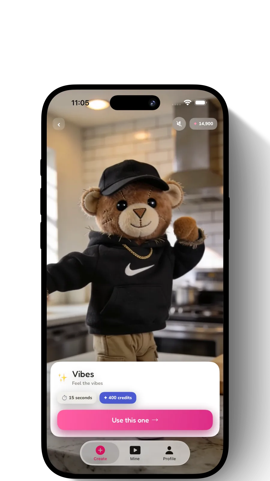 A plush teddy bear in a hoodie dancing inside the PlushMation app, generated from a single photo