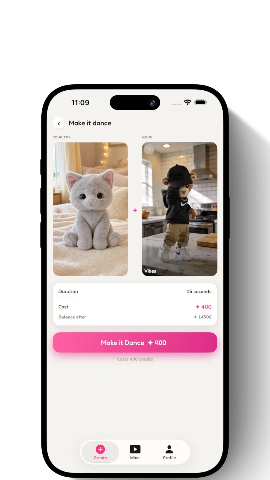 The PlushMation Make-it-Dance screen: a photo of your toy paired with a chosen dance move, showing the duration and credit cost