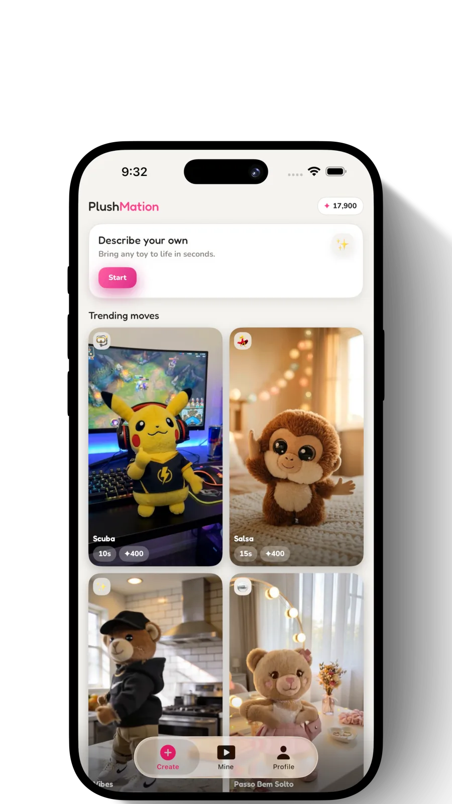 The PlushMation home screen with a grid of one-tap dance templates like Scuba and Salsa