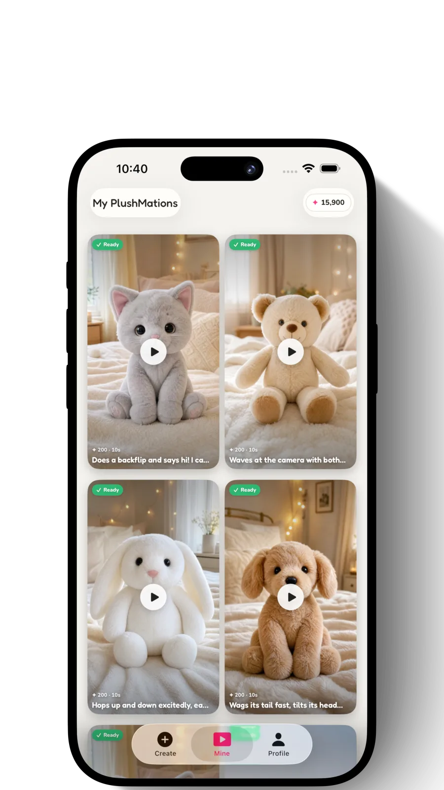 A grid of finished PlushMation videos: a plush cat, teddy bear, bunny, and dog, each a short clip of the real toy in motion